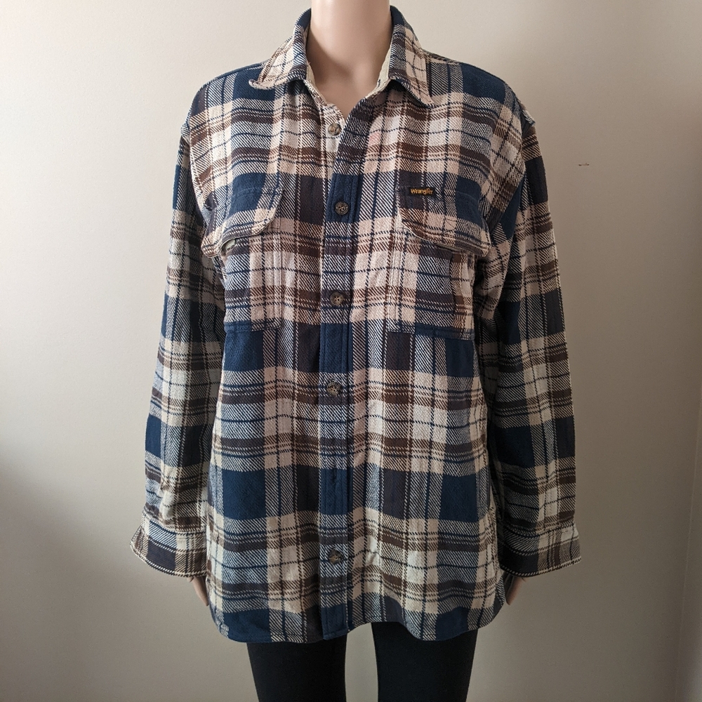 Vintage Wrangler plaid flannel shacket shirt, men's medium